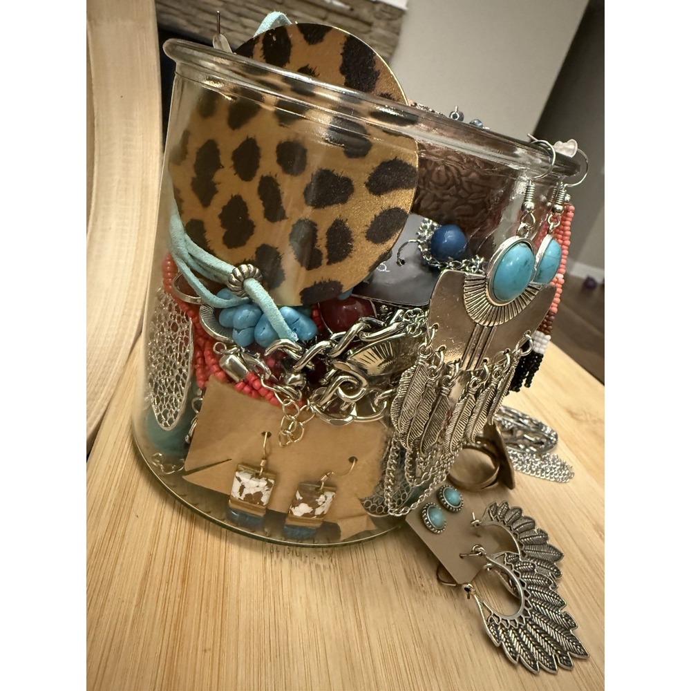 Western Inspired Mystery Jewelry Jar Turquoise & Silver Colored All Wearable - Picture 4 of 13